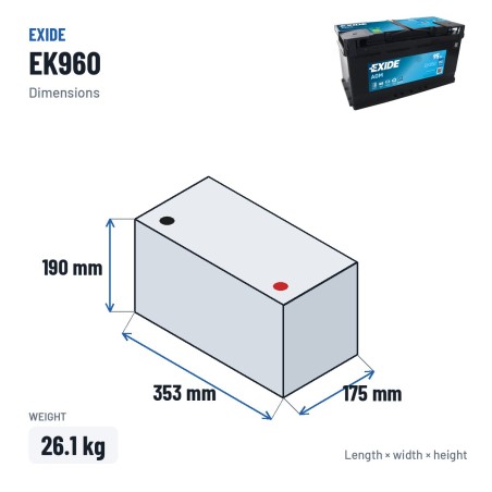 Batería Start-Stop Exide EK950 12V 95Ah 850A AGM – medidas 353 × 175 × 190 mm