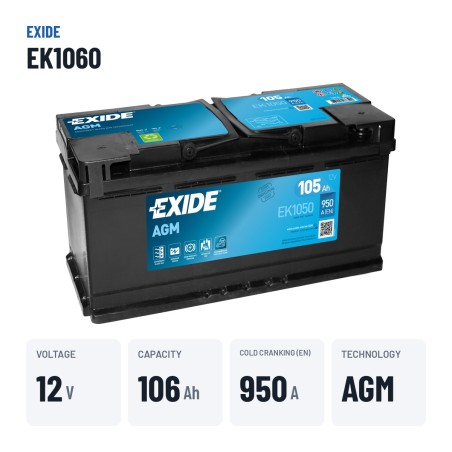Batería Start-Stop Exide EK1050 12V 105Ah 950A AGM – datos clave