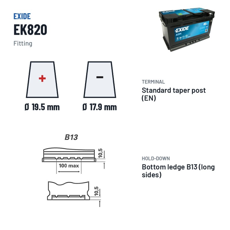 Batterie Start-Stop Exide EK800 12V 80Ah 800A AGM – bornes et fixation