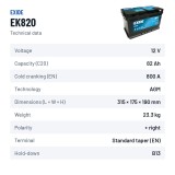 Batterie Start-Stop Exide EK800 12V 80Ah 800A AGM – fiche technique