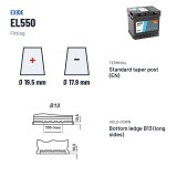 Start-Stop battery Exide EL550 12V 55Ah 540A EFB – terminal and hold-down