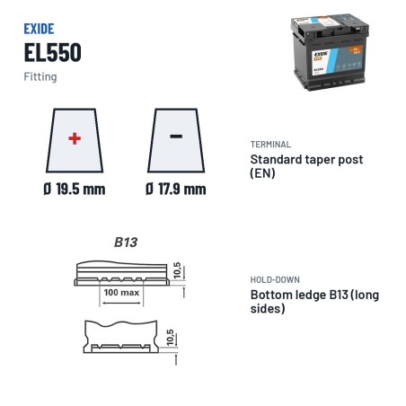 Start-Stop battery Exide EL550 12V 55Ah 540A EFB – terminal and hold-down