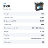 Start-Stop battery Exide EL550 12V 55Ah 540A EFB – technical data