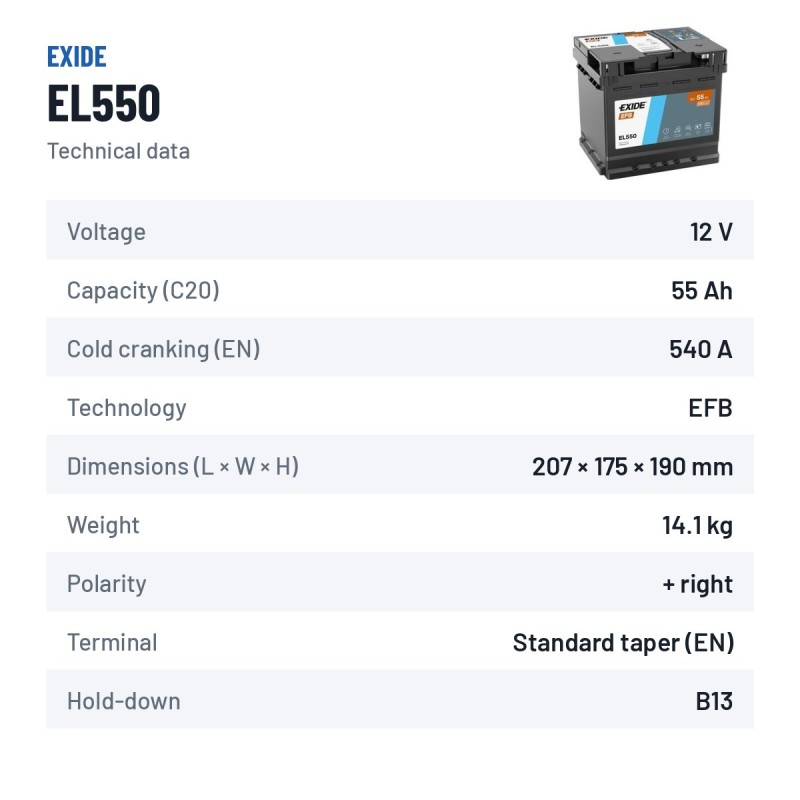 Batteria Start-Stop Exide EL550 12V 55Ah 540A EFB | baterias.com