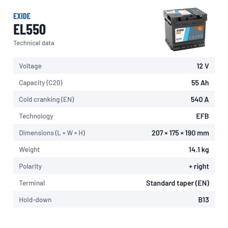 Start-Stop battery Exide EL550 12V 55Ah 540A EFB – technical data