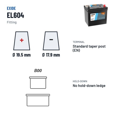 Batteria Start-Stop Exide EL604 12V 60Ah 520A EFB – terminali e fissaggio