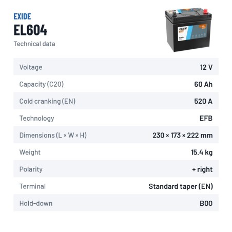 Batteria Start-Stop Exide EL604 12V 60Ah 520A EFB – scheda tecnica