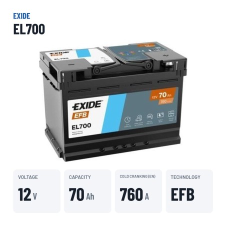 Batteria Start-Stop Exide EL700 12V 70Ah 760A EFB – dati principali