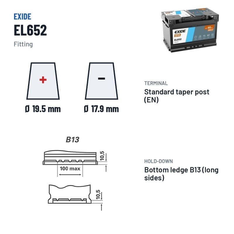 Batería Start-Stop Exide EL652 12V 65Ah 650A EFB – borne y sujeción