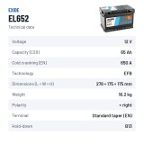 Batería Start-Stop Exide EL652 12V 65Ah 650A EFB – ficha técnica