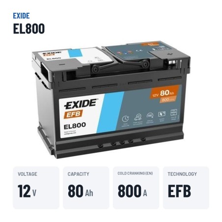 Batteria Start-Stop Exide EL800 12V 80Ah 800A EFB – dati principali