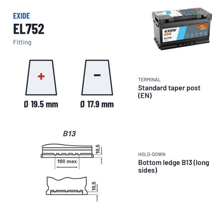 Batterie Start-Stop Exide EL752 12V 75Ah 730A EFB – bornes et fixation