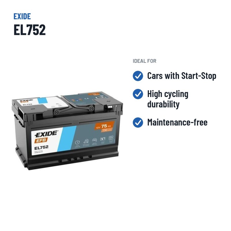 Batterie Start-Stop Exide EL752 12V 75Ah 730A EFB – utilisations recommandées