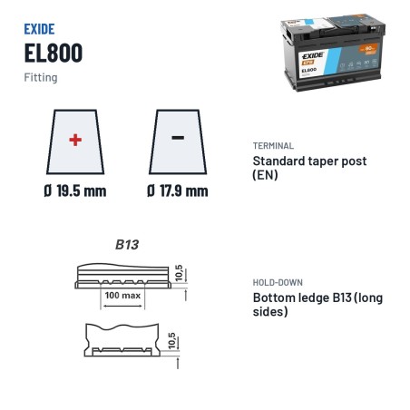 Batteria Start-Stop Exide EL800 12V 80Ah 800A EFB – terminali e fissaggio