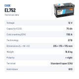 Batteria Start-Stop Exide EL752 12V 75Ah 730A EFB – scheda tecnica