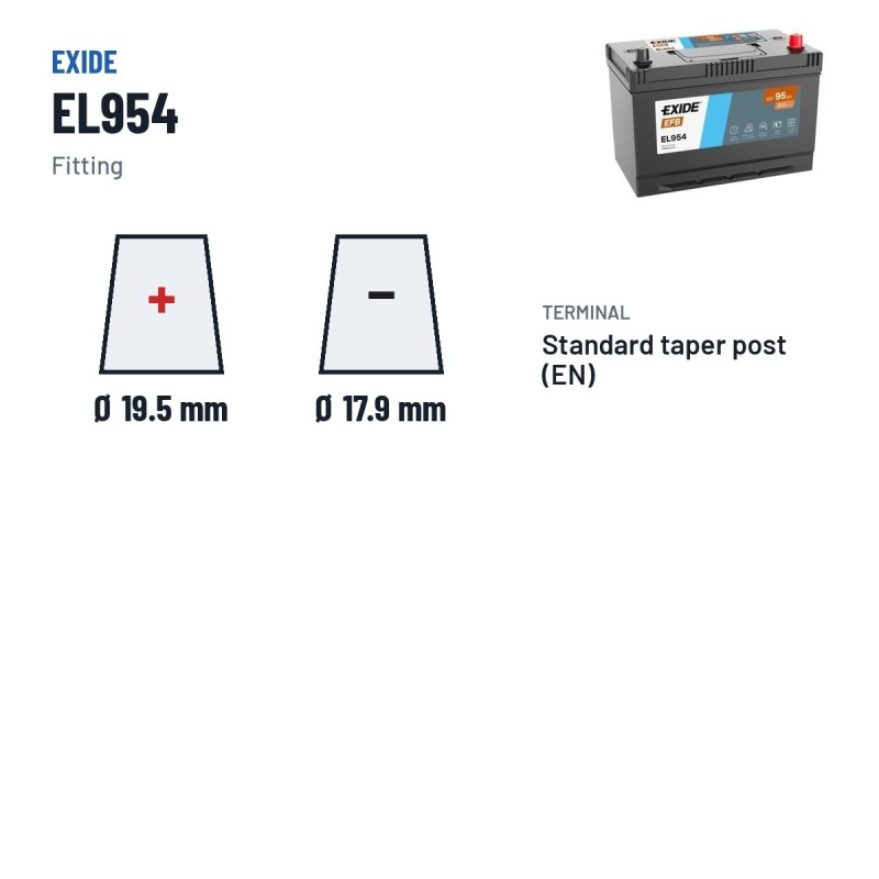 Batterie Start-Stop Exide EL954 12V 95Ah 800A EFB – bornes et fixation