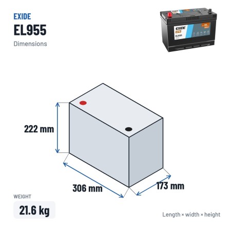 Batería Start-Stop Exide EL955 12V 95Ah 800A EFB – medidas 306 × 173 × 222 mm