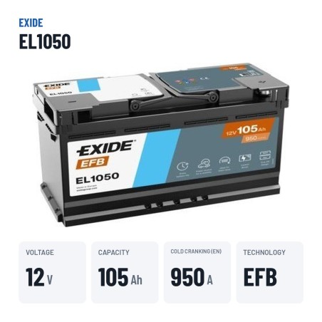 Batteria Start-Stop Exide EL1050 12V 105Ah 950A EFB – dati principali