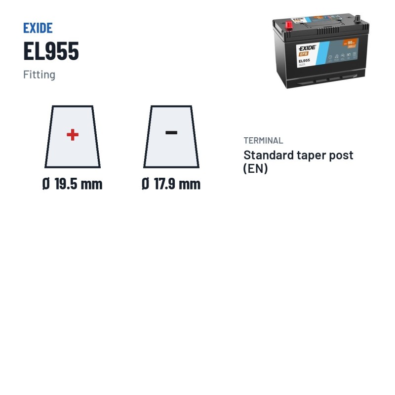 Batería Start-Stop Exide EL955 12V 95Ah 800A EFB – borne y sujeción