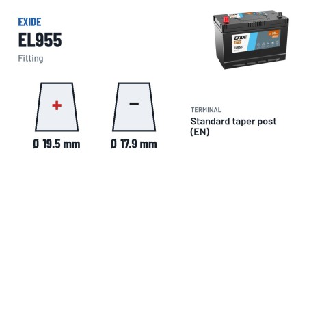 Batería Start-Stop Exide EL955 12V 95Ah 800A EFB – borne y sujeción
