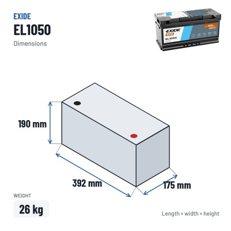 Batería Start-Stop Exide EL1050 12V 105Ah 950A EFB – medidas 392 × 175 × 190 mm