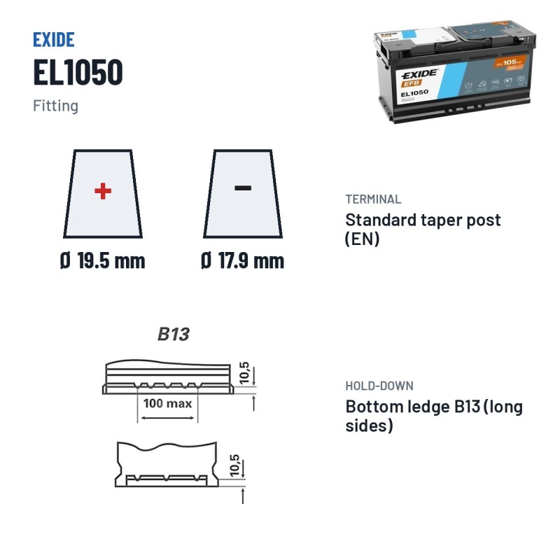Batería Start-Stop Exide EL1050 12V 105Ah 950A EFB – borne y sujeción