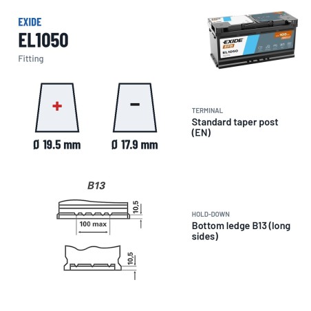 Batteria Start-Stop Exide EL1050 12V 105Ah 950A EFB – terminali e fissaggio