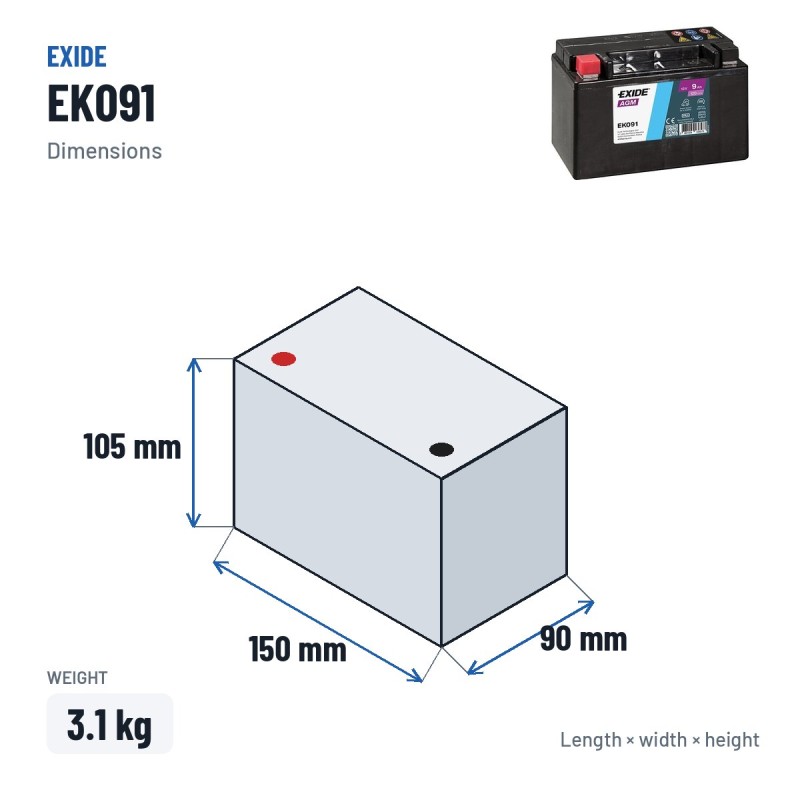 Auxiliary battery Exide EK091 12V 9Ah 120A AGM – dimensions 150 × 90 × 105 mm