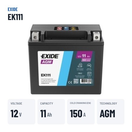 Batería auxiliar Exide EK111 12V 11Ah 150A AGM – datos clave