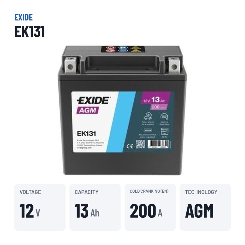 Bateria auxiliar Exide EK131 12V 13Ah 200A AGM – dados principais