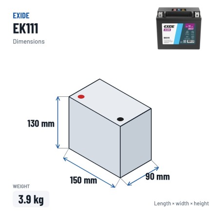 Batería auxiliar Exide EK111 12V 11Ah 150A AGM – medidas 150 × 90 × 130 mm