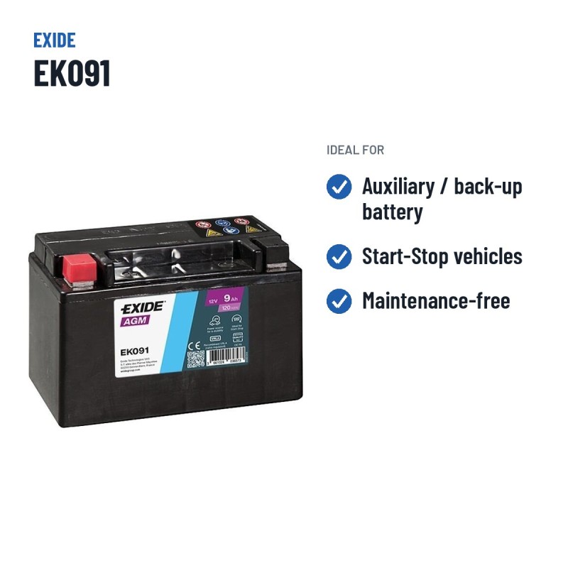 Auxiliary battery Exide EK091 12V 9Ah 120A AGM – recommended uses