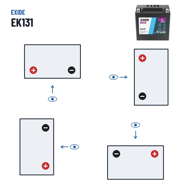 Batteria ausiliaria Exide EK131 12V 13Ah 200A AGM – polarità (schema 1, + a sinistra)