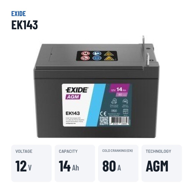 Batterie auxiliaire Exide EK143 12V 14Ah 80A AGM – caractéristiques clés