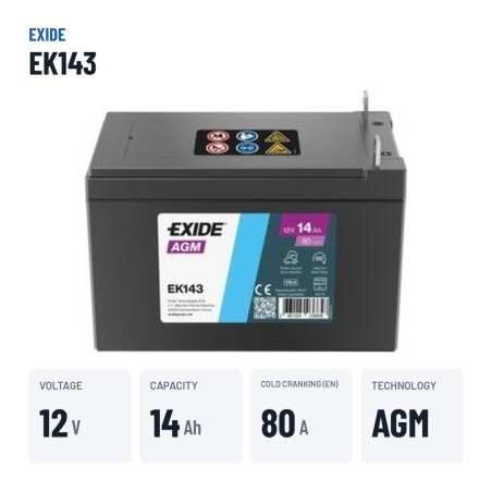 Batterie auxiliaire Exide EK143 12V 14Ah 80A AGM – caractéristiques clés
