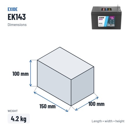 Bateria auxiliar Exide EK143 12V 14Ah 80A AGM – medidas 150 × 100 × 100 mm