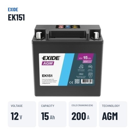 Batteria ausiliaria Exide EK151 12V 15Ah 200A AGM | baterias.com