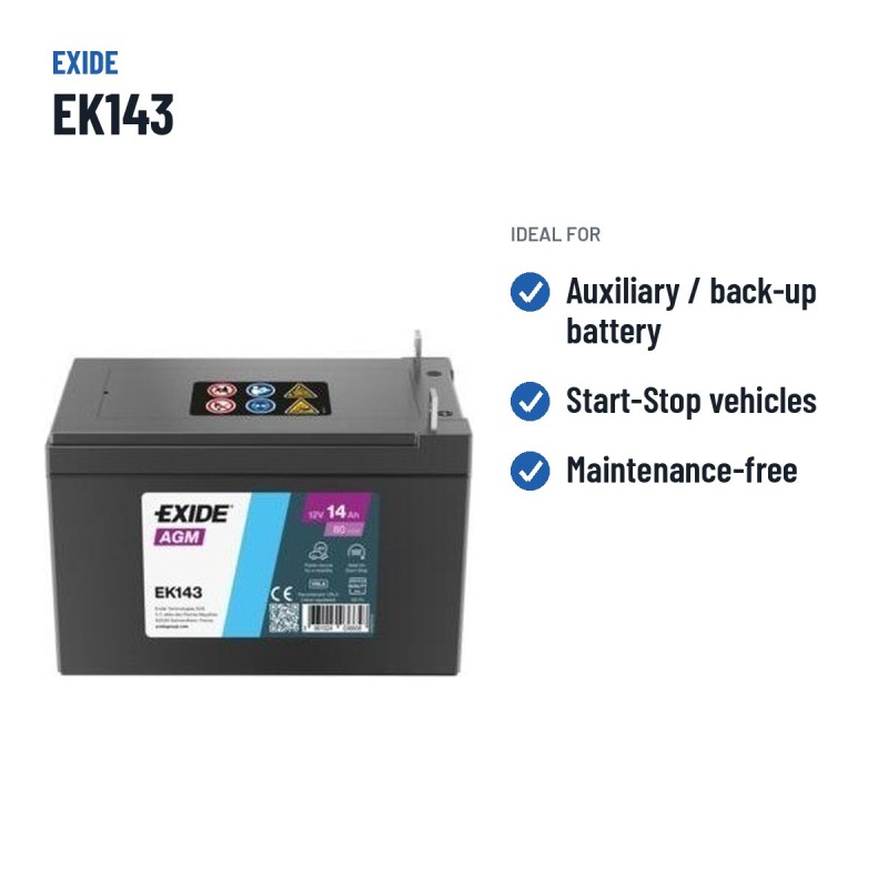 Bateria auxiliar Exide EK143 12V 14Ah 80A AGM – utilizações recomendadas