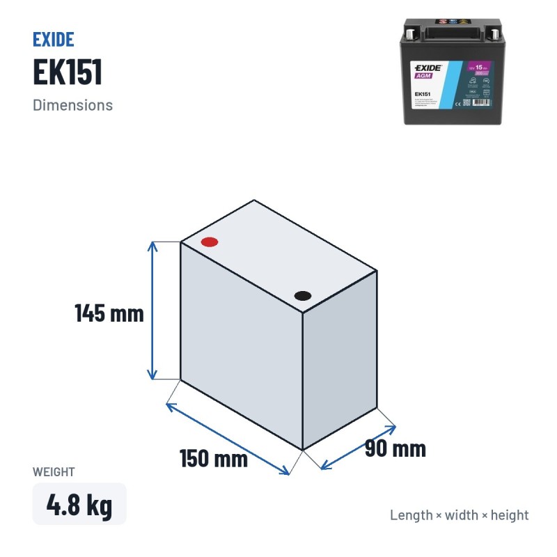 Batterie auxiliaire Exide EK151 12V 15Ah 200A AGM – dimensions 150 × 90 × 145 mm