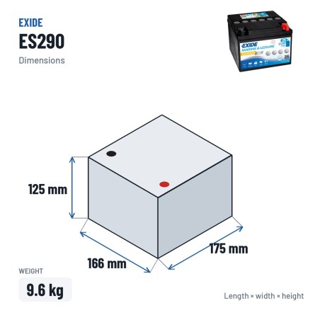 Batterie marine Exide ES290 12V 25Ah 150A GEL – dimensions 166 × 175 × 125 mm