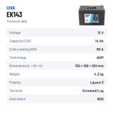 Batterie auxiliaire Exide EK143 12V 14Ah 80A AGM – fiche technique
