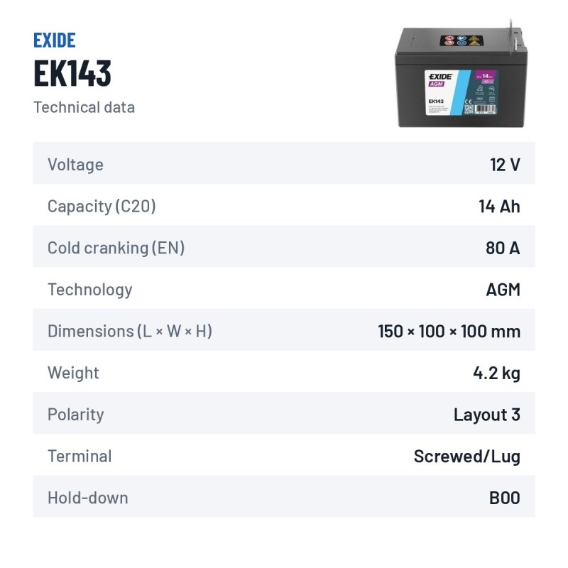 Bateria auxiliar Exide EK143 12V 14Ah 80A AGM – ficha técnica