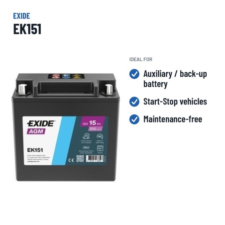 Batteria ausiliaria Exide EK151 12V 15Ah 200A AGM | baterias.com