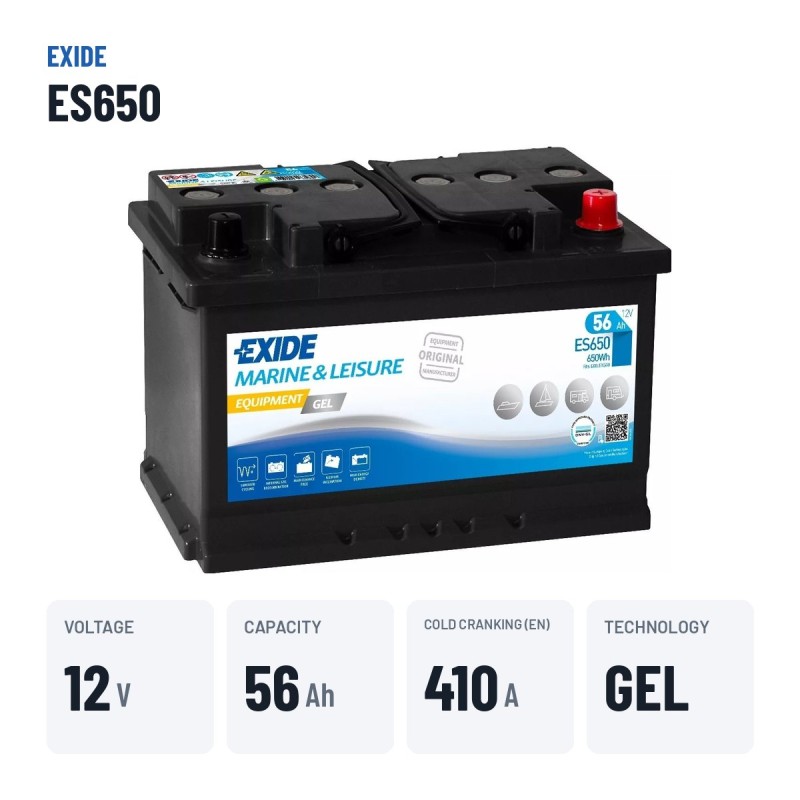Batería náutica Exide ES650 12V 56Ah 410A GEL – datos clave
