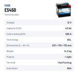 Marine battery Exide ES450 12V 40Ah 280A GEL – technical data