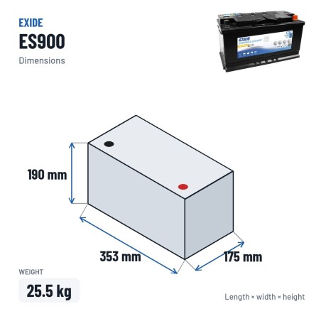 Batterie marine Exide ES900 12V 80Ah 540A GEL – dimensions 353 × 175 × 190 mm