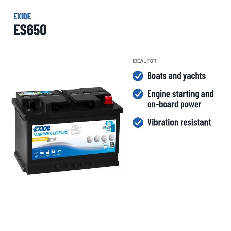 Batería náutica Exide ES650 12V 56Ah 410A GEL – usos recomendados