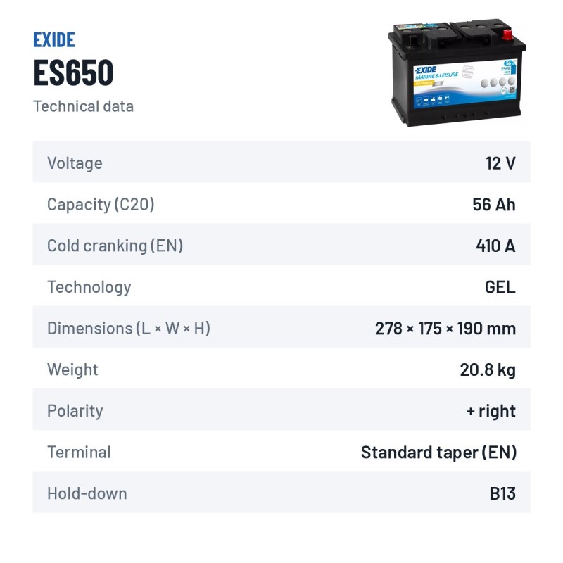 Batería náutica Exide ES650 12V 56Ah 410A GEL – ficha técnica