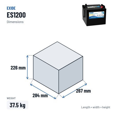 Batería náutica Exide ES1200 12V 110Ah 760A GEL – medidas 284 × 267 × 226 mm