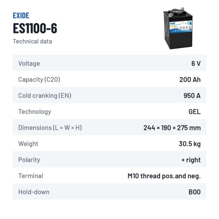Bateria náutica Exide ES1100-6 6V 200Ah 950A GEL | baterias.com